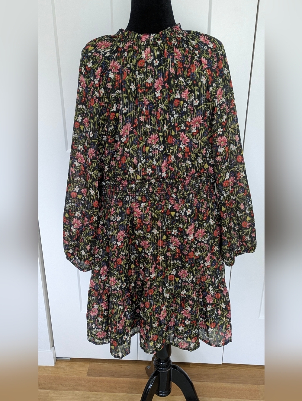 Old Navy Waist-Defined Floral Shine Boho Tie Neck Ruffled Mini Dress Sz XXL Euc - Picture 8 of 14